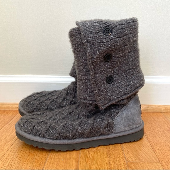 UGG Tall Fold Over Lattice Cardy Knit Button Boots Gray Women’s 8 Winter Warm - Picture 3 of 12